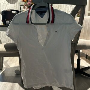 Women’s white Tommy Hilfiger polo with striped collar. Gently worn.